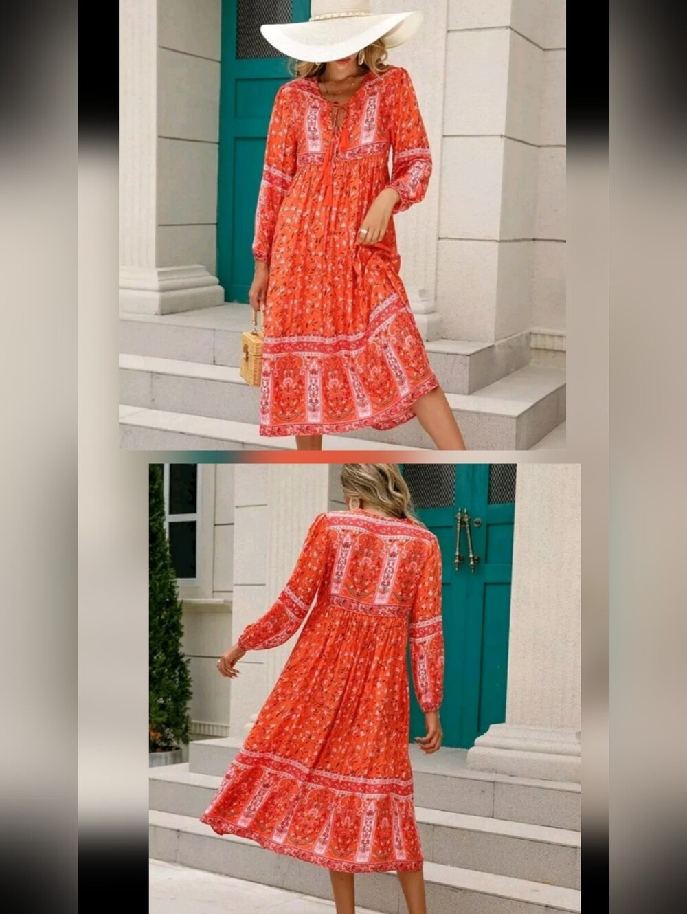 R.Vivimos Women's Spring, Summer, Vacation Flowy Boho Orange Midi Dress Sz L